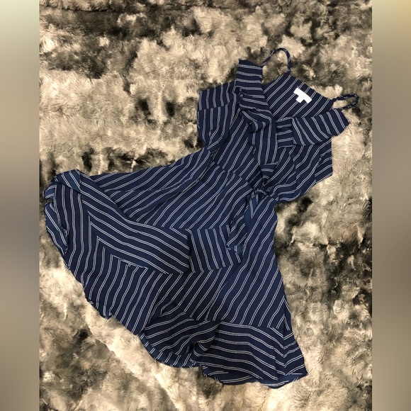 NAVY BLUE WHITE STRIPES SPAGHETTI STRAP WRAPPED BUSINESS CASUAL RUFFLE DRESS - Picture 2 of 11